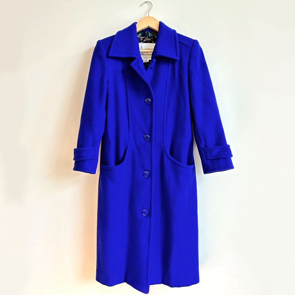 Vintage London Fog Iconic Virgin Wool Long Coat Women's Size 2P in Cobalt Blue